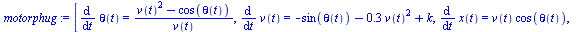 [diff(theta(t), t) = `/`(`*`(`+`(`*`(`^`(v(t), 2)), `-`(cos(theta(t))))), `*`(v(t))), diff(v(t), t) = `+`(`-`(sin(theta(t))), `-`(`*`(.3, `*`(`^`(v(t), 2)))), k), diff(x(t), t) = `*`(v(t), `*`(cos(the...